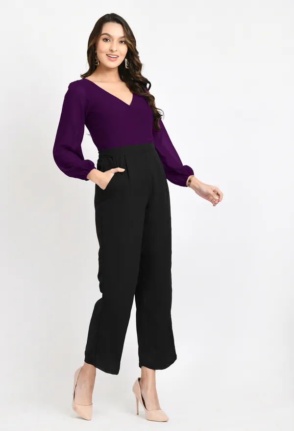 V&M_Purple_And_Black_Color_Block_V-Neck_Jumpsuit_For_Women