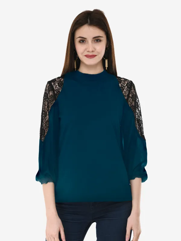 Teal_Blue_Solid_Lace_Patch_Work_High_Neck_3/4_Sleeves_Smart_Casual_Top_For_Women