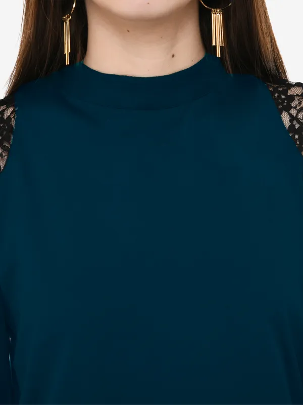 Teal_Blue_Solid_Lace_Patch_Work_High_Neck_3/4_Sleeves_Smart_Casual_Top_For_Women