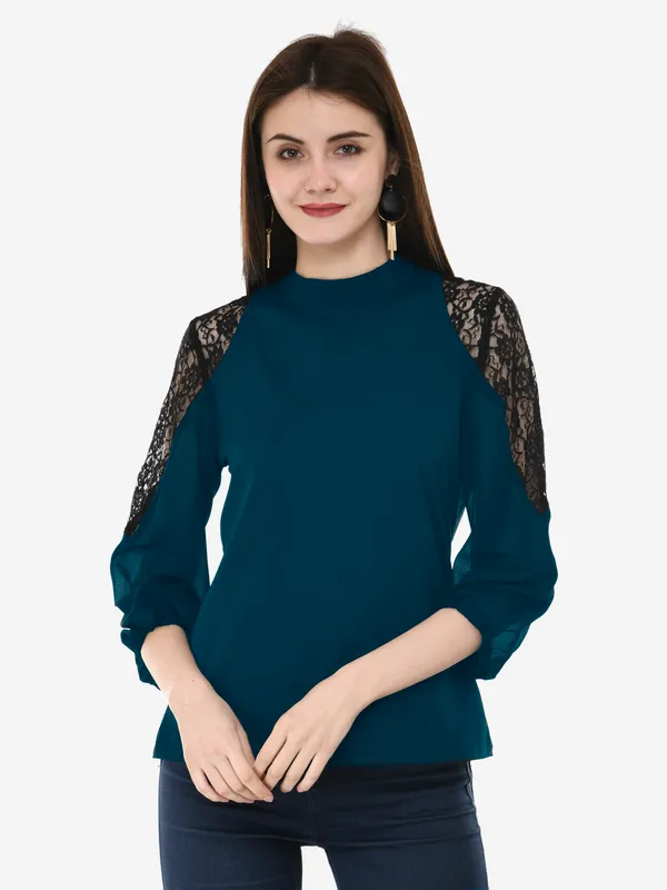 Teal_Blue_Solid_Lace_Patch_Work_High_Neck_3/4_Sleeves_Smart_Casual_Top_For_Women
