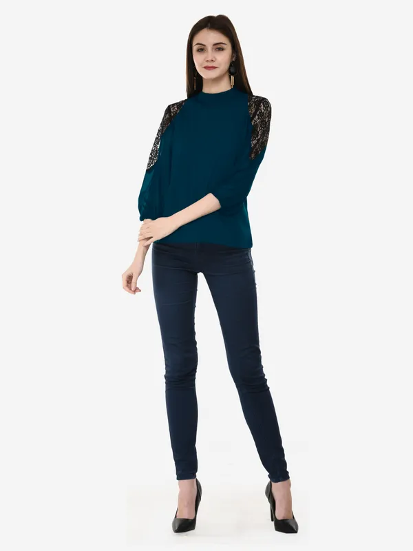 Teal_Blue_Solid_Lace_Patch_Work_High_Neck_3/4_Sleeves_Smart_Casual_Top_For_Women