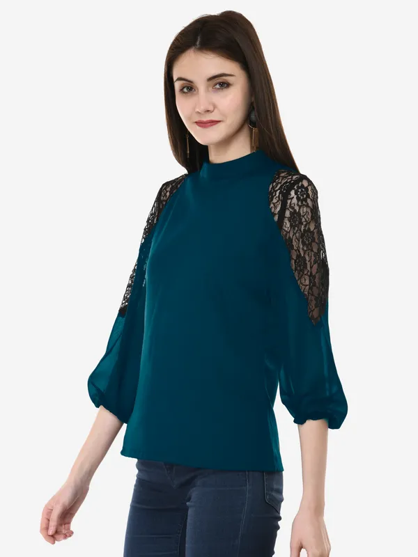 Teal_Blue_Solid_Lace_Patch_Work_High_Neck_3/4_Sleeves_Smart_Casual_Top_For_Women