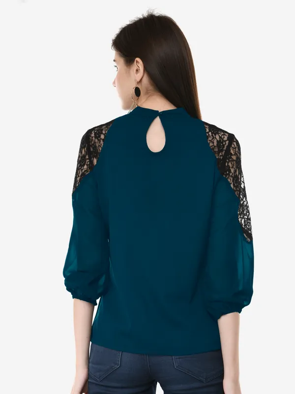 Teal_Blue_Solid_Lace_Patch_Work_High_Neck_3/4_Sleeves_Smart_Casual_Top_For_Women