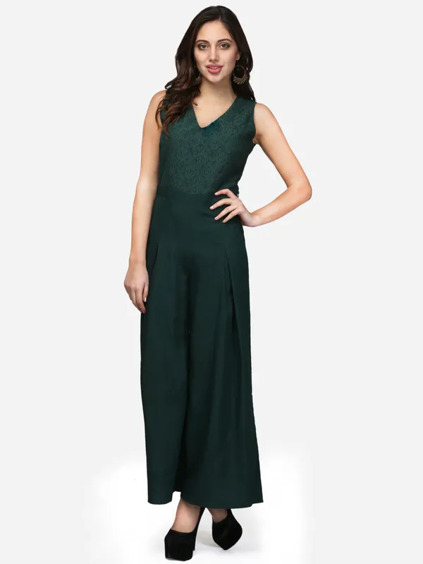 Dark_Green_Lace_V-Neck_Flared_V-Neck_Flared_Jumpsuit_For_Women