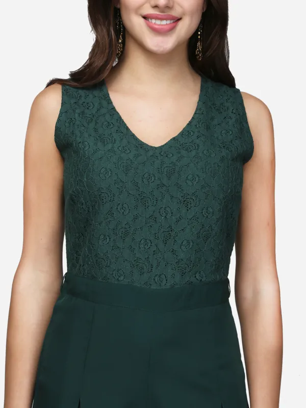Dark_Green_Lace_V-Neck_Flared_V-Neck_Flared_Jumpsuit_For_Women