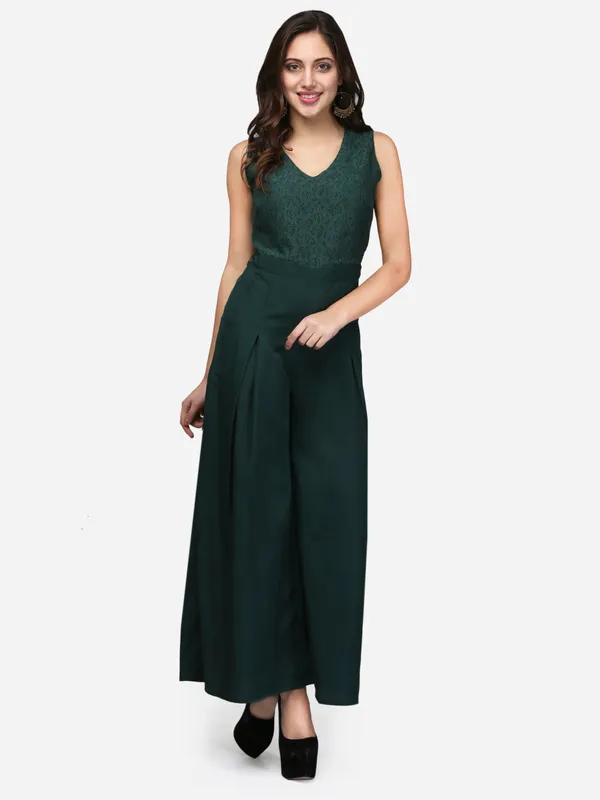 Dark_Green_Lace_V-Neck_Flared_V-Neck_Flared_Jumpsuit_For_Women