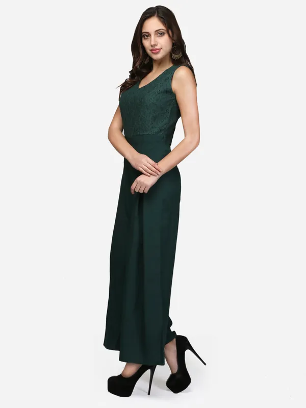 Dark_Green_Lace_V-Neck_Flared_V-Neck_Flared_Jumpsuit_For_Women