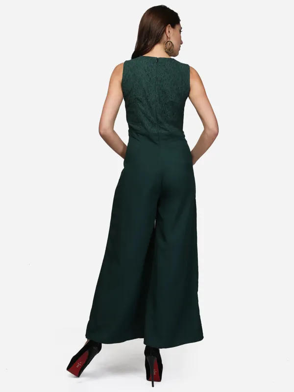 Dark_Green_Lace_V-Neck_Flared_V-Neck_Flared_Jumpsuit_For_Women