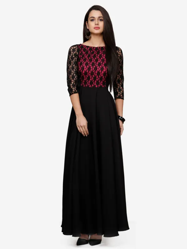 Black_&_Pink_Floral_Lace_3/4_Sleeves_Evening_Long_Maxi_Gown_Dress