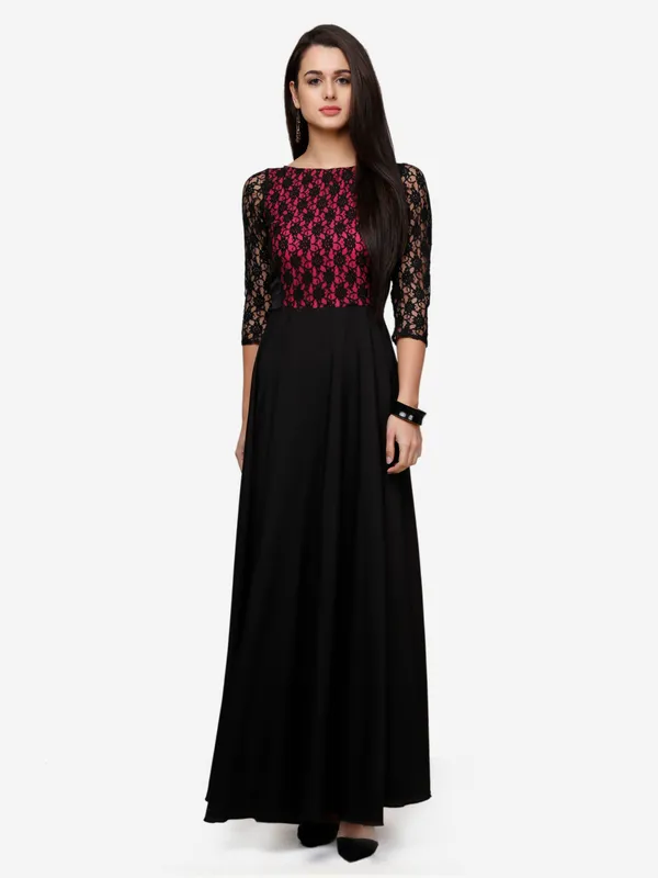 Black_&_Pink_Floral_Lace_3/4_Sleeves_Evening_Long_Maxi_Gown_Dress