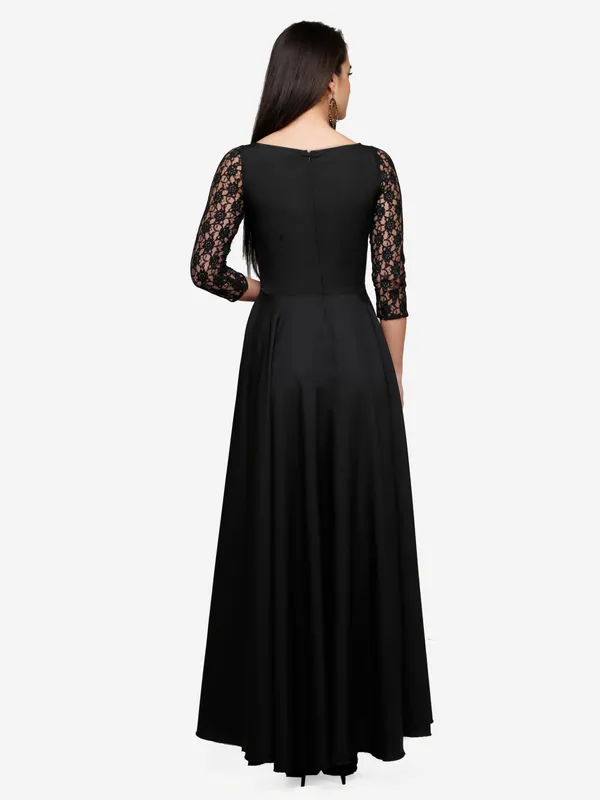 Black_&_Pink_Floral_Lace_3/4_Sleeves_Evening_Long_Maxi_Gown_Dress