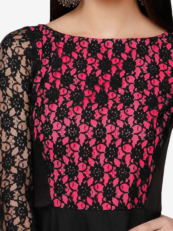 Black_&_Pink_Floral_Lace_3/4_Sleeves_Evening_Long_Maxi_Gown_Dress