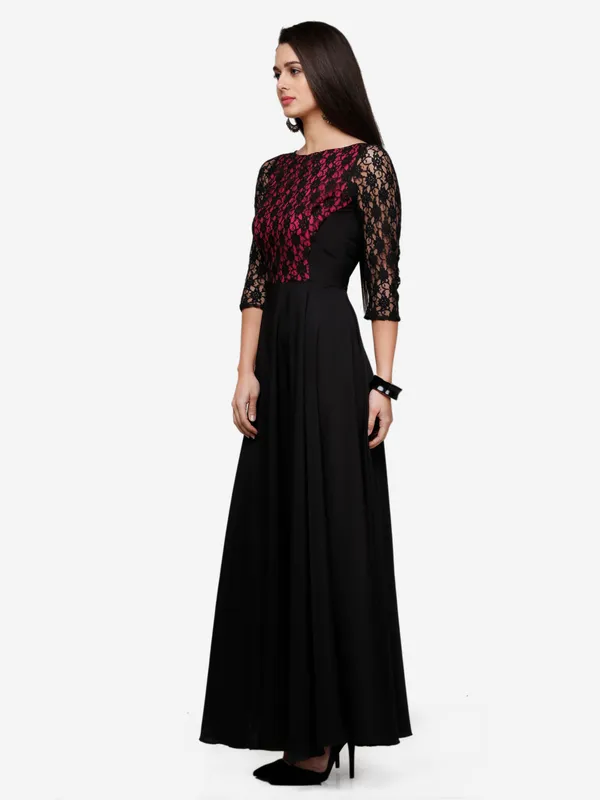 Black_&_Pink_Floral_Lace_3/4_Sleeves_Evening_Long_Maxi_Gown_Dress