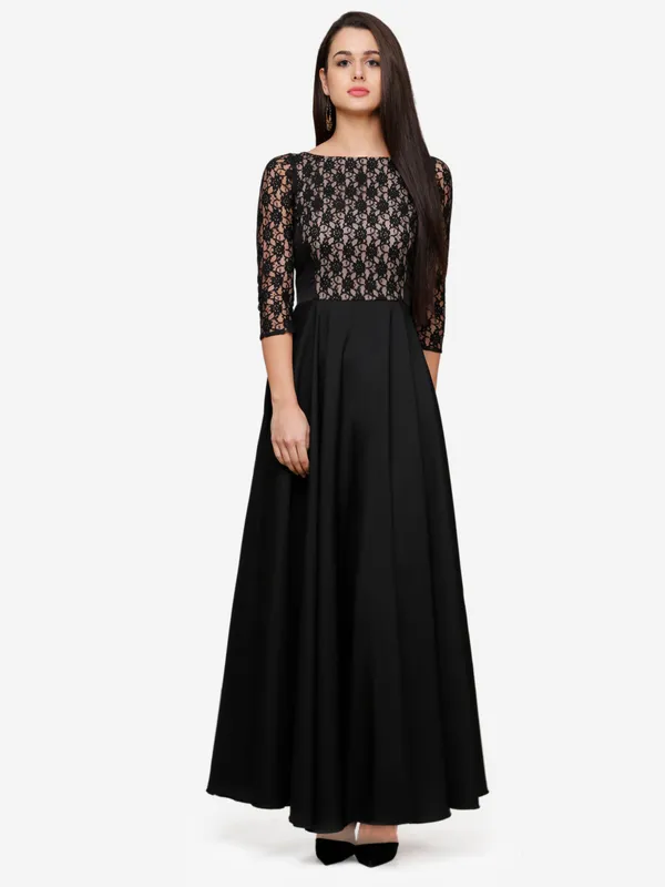 Black_&_Beige_Floral_Lace_3/4_Sleeves_Evening_Long_Maxi_Gown_Dress