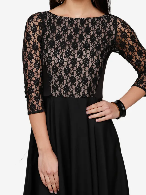 Black_&_Beige_Floral_Lace_3/4_Sleeves_Evening_Long_Maxi_Gown_Dress