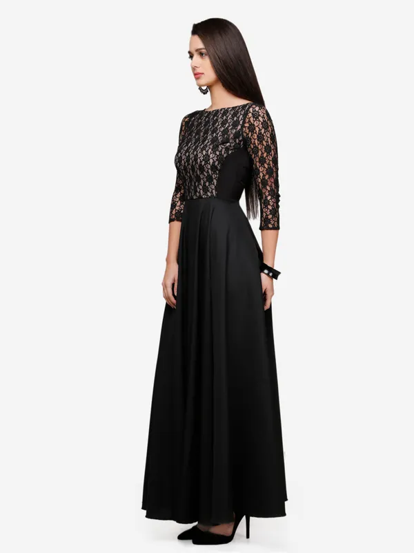 Black_&_Beige_Floral_Lace_3/4_Sleeves_Evening_Long_Maxi_Gown_Dress
