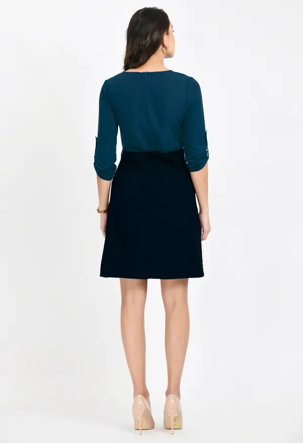 V&M_Teal_Blue-Black_Shift_Dress_For_Women
