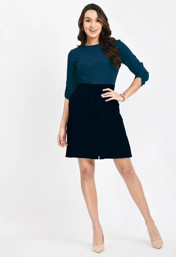 V&M_Teal_Blue-Black_Shift_Dress_For_Women