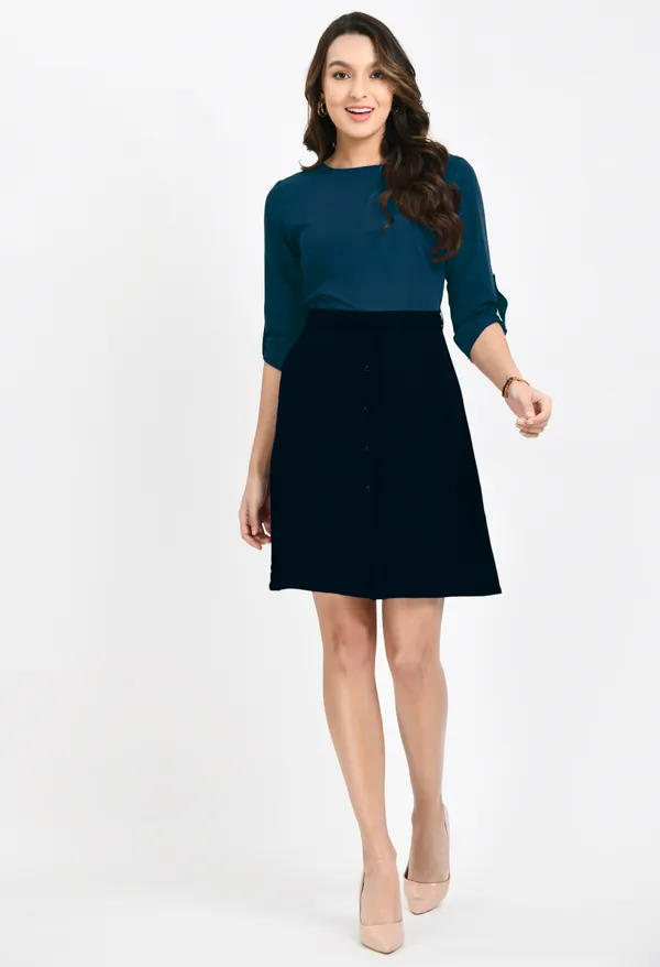 V&M_Teal_Blue-Black_Shift_Dress_For_Women