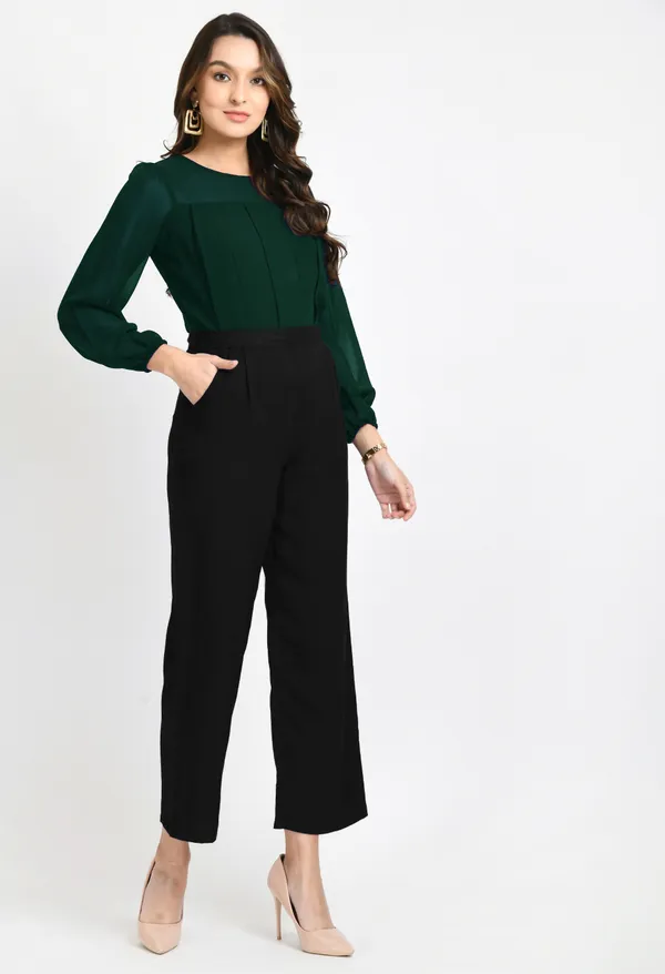 V&M_Green_And_Black_Color_Block_Pleated_Jumpsuit_For_Women