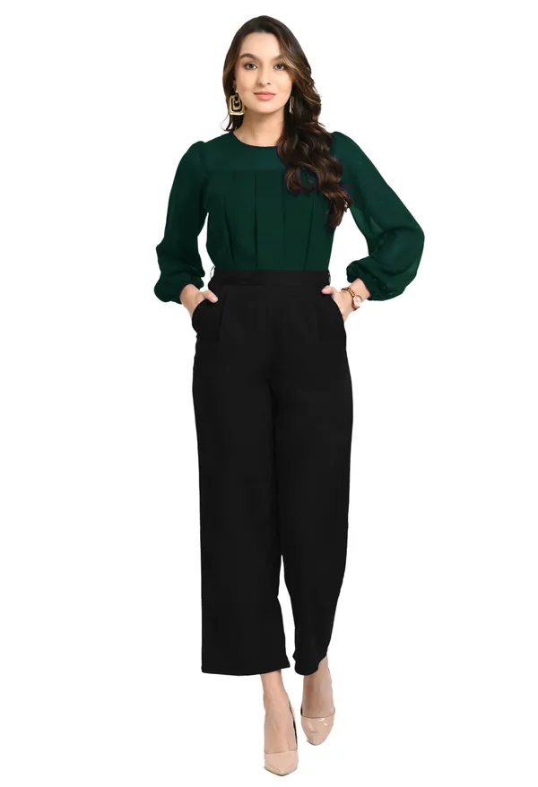 V&M_Green_And_Black_Color_Block_Pleated_Jumpsuit_For_Women