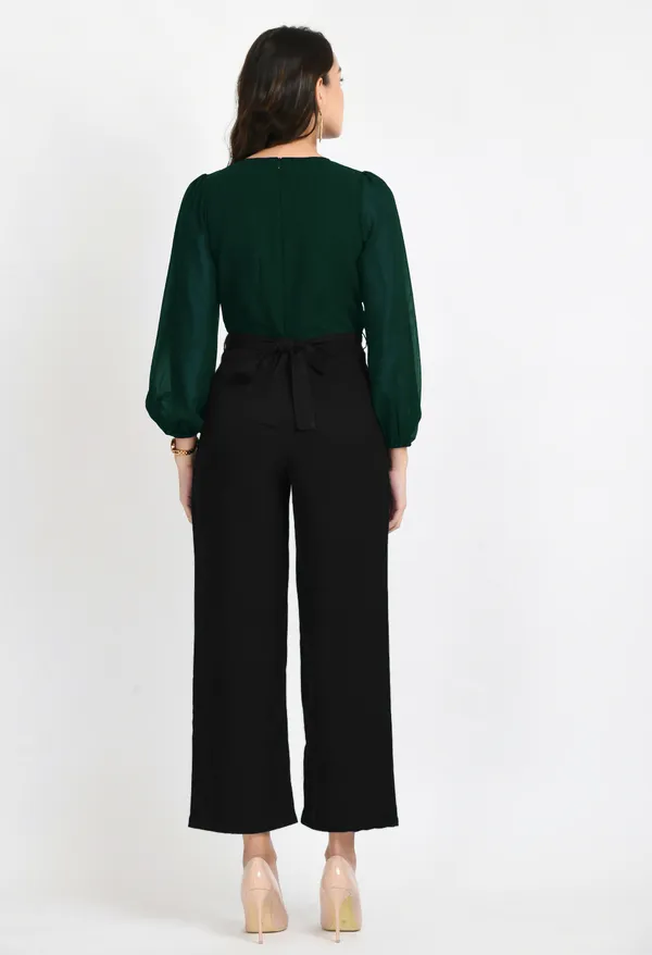 V&M_Green_And_Black_Color_Block_Pleated_Jumpsuit_For_Women