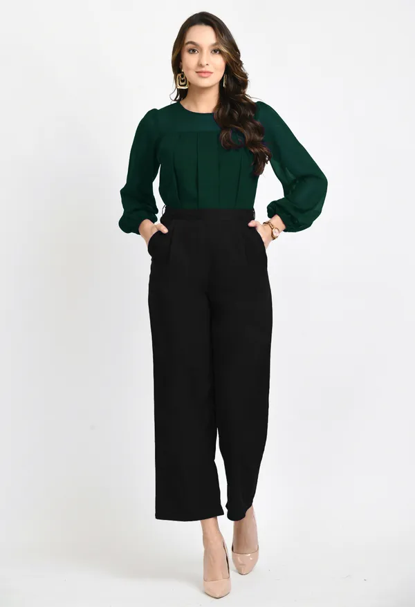 V&M_Green_And_Black_Color_Block_Pleated_Jumpsuit_For_Women