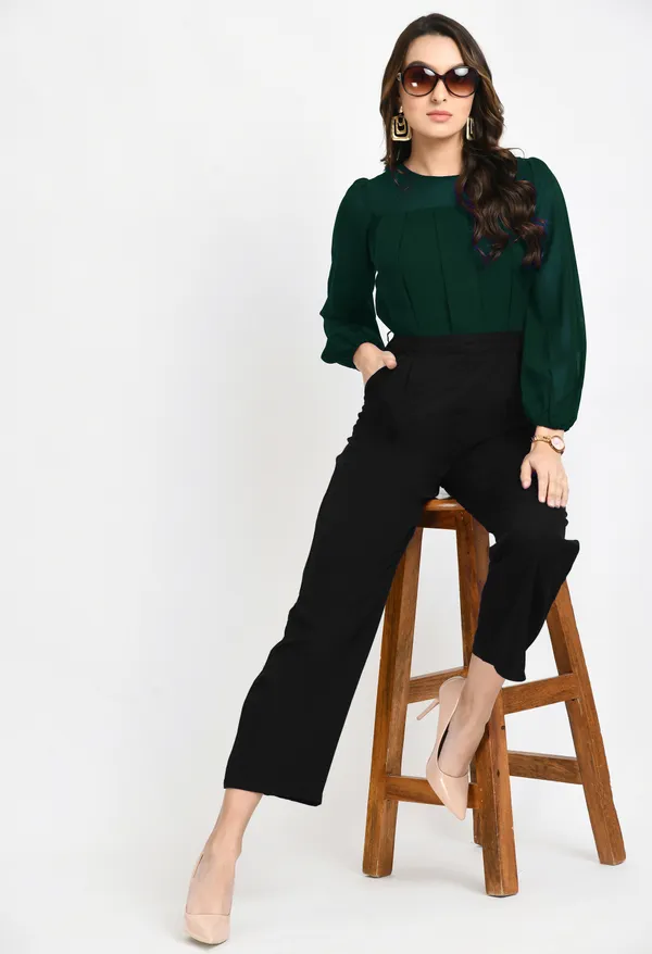 V&M_Green_And_Black_Color_Block_Pleated_Jumpsuit_For_Women
