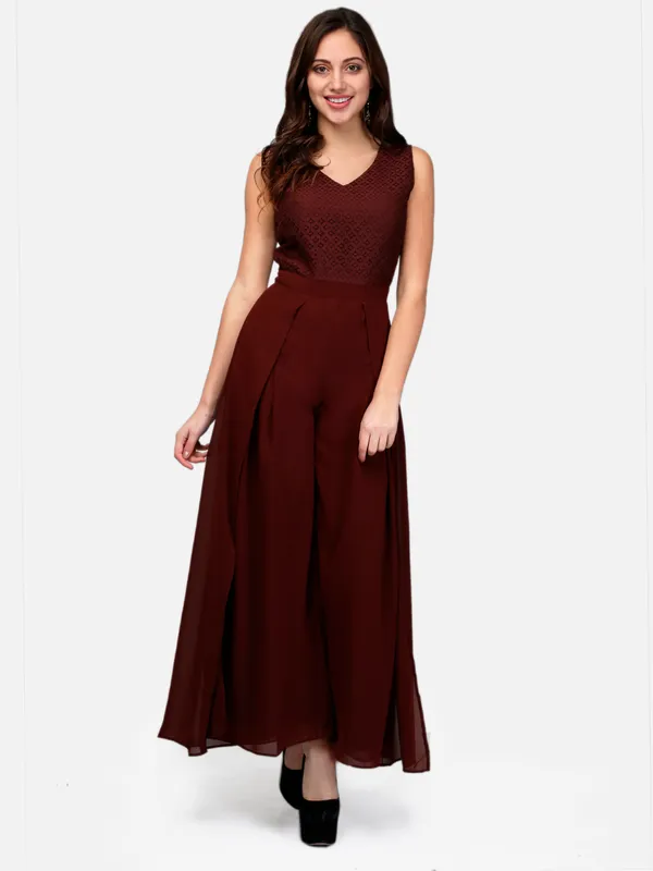Dark_Brown_Women'S_Latest_Designer_Lace_Layered_Jumpsui