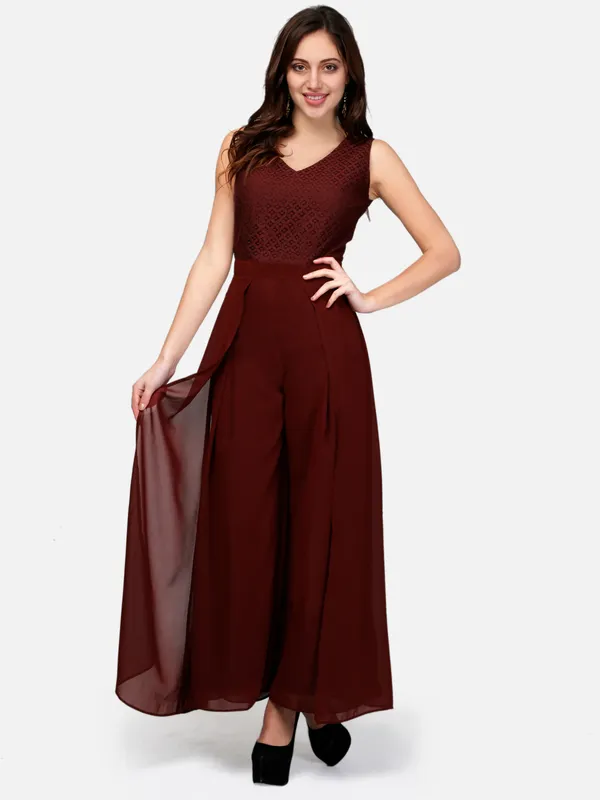 Dark_Brown_Women'S_Latest_Designer_Lace_Layered_Jumpsui