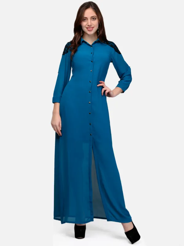 Teal_Blue_Solid_Georgette_Button_Up_3/4_Sleeves_Summer_Shirt_Long_Maxi_Dress