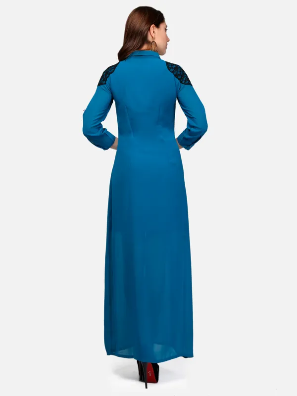 Teal_Blue_Solid_Georgette_Button_Up_3/4_Sleeves_Summer_Shirt_Long_Maxi_Dress