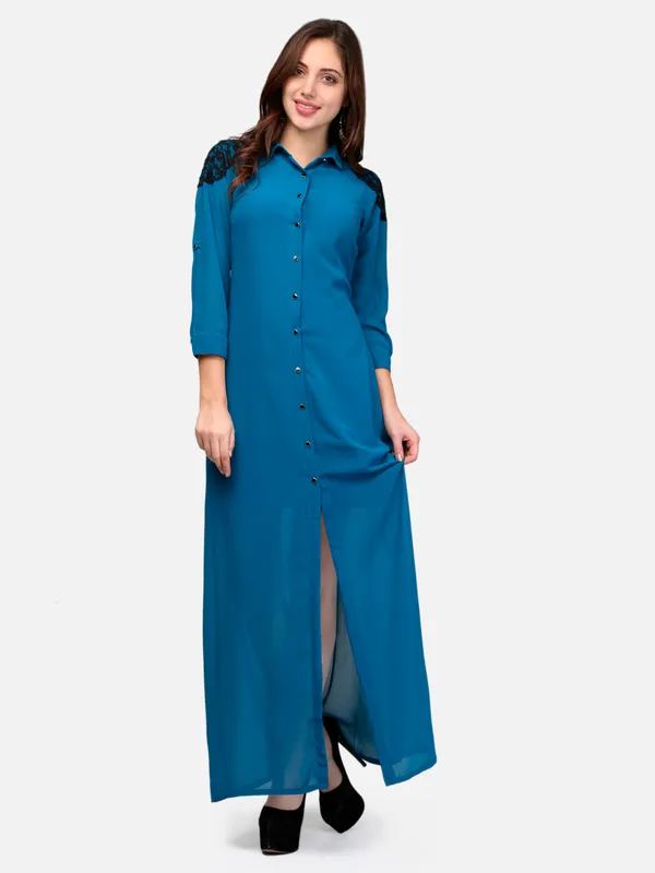 Teal_Blue_Solid_Georgette_Button_Up_3/4_Sleeves_Summer_Shirt_Long_Maxi_Dress