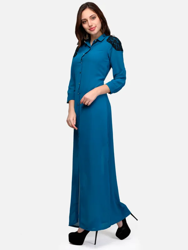 Teal_Blue_Solid_Georgette_Button_Up_3/4_Sleeves_Summer_Shirt_Long_Maxi_Dress