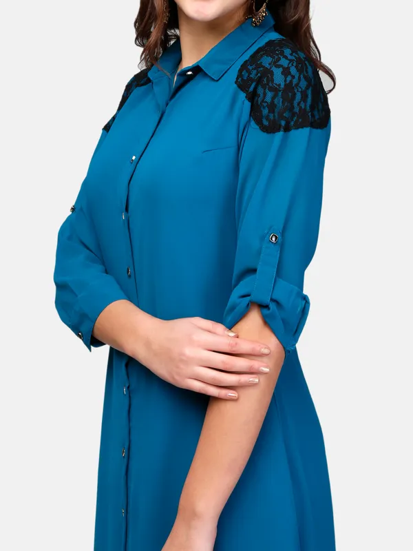 Teal_Blue_Solid_Georgette_Button_Up_3/4_Sleeves_Summer_Shirt_Long_Maxi_Dress