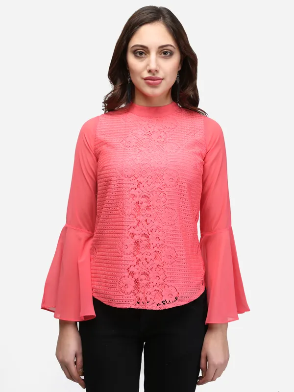 Powder_Pink_Floral_Lace_Ban_Collar_Bell_Sleeves_Party_Wear_Top