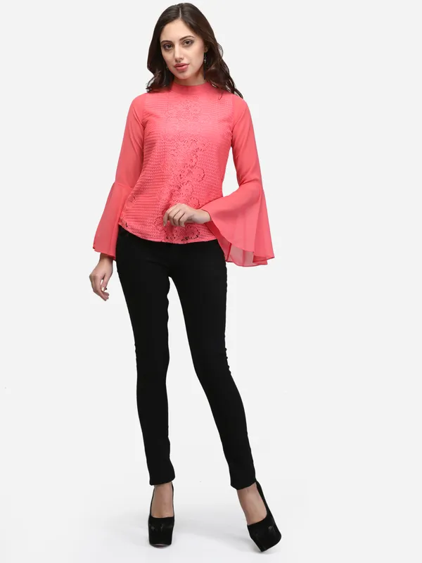 Powder_Pink_Floral_Lace_Ban_Collar_Bell_Sleeves_Party_Wear_Top