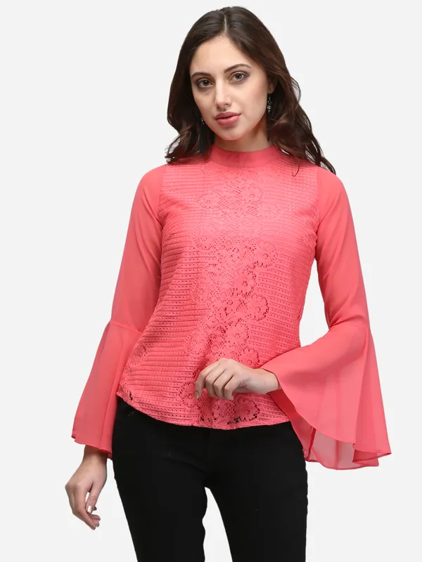 Powder_Pink_Floral_Lace_Ban_Collar_Bell_Sleeves_Party_Wear_Top