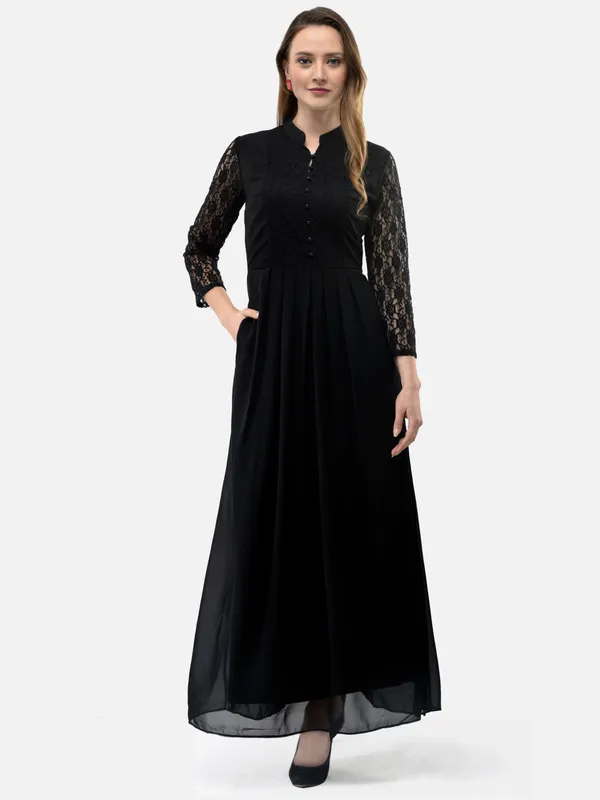 Black_Georgette_Ban_Collar_Full_Sleeves_Long_Maxi_Dress_For_Women
