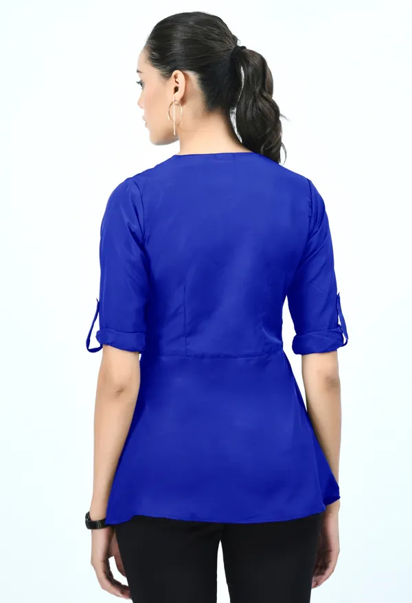 Blue_Spread_Collar_Roll-Up_Sleeves_Crepe_Wrap_Top_For_Women