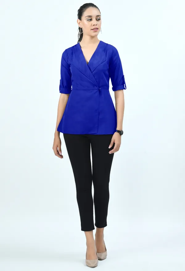 Blue_Spread_Collar_Roll-Up_Sleeves_Crepe_Wrap_Top_For_Women