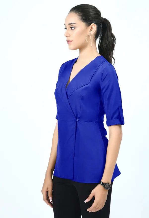 Blue_Spread_Collar_Roll-Up_Sleeves_Crepe_Wrap_Top_For_Women