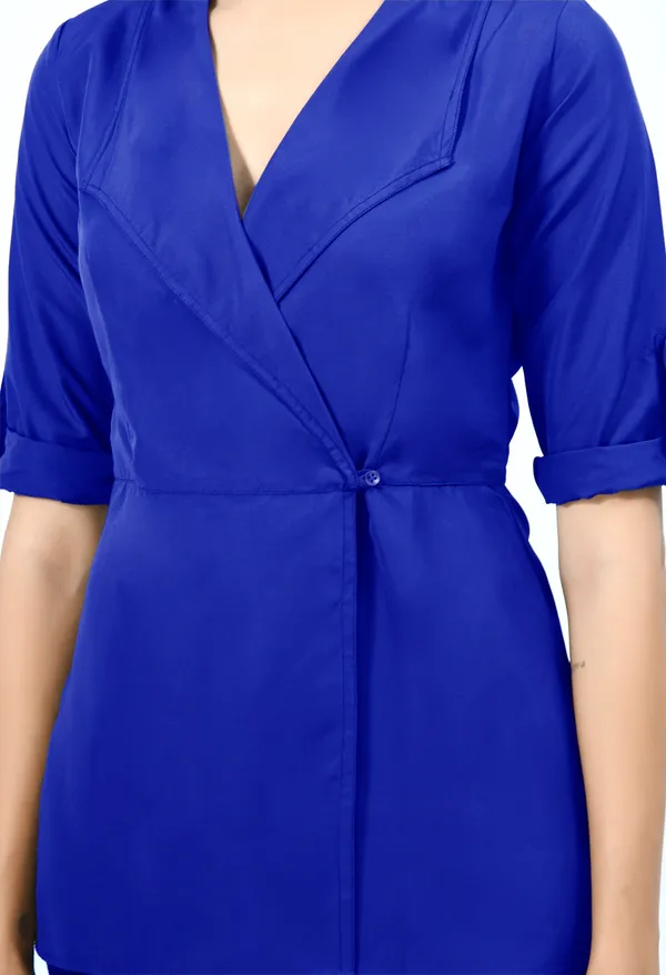 Blue_Spread_Collar_Roll-Up_Sleeves_Crepe_Wrap_Top_For_Women