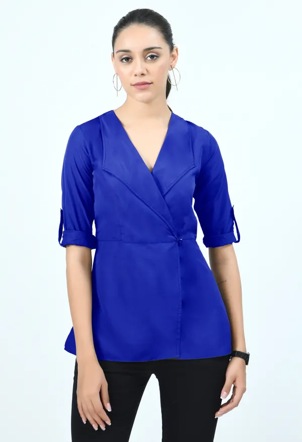 Blue_Spread_Collar_Roll-Up_Sleeves_Crepe_Wrap_Top_For_Women