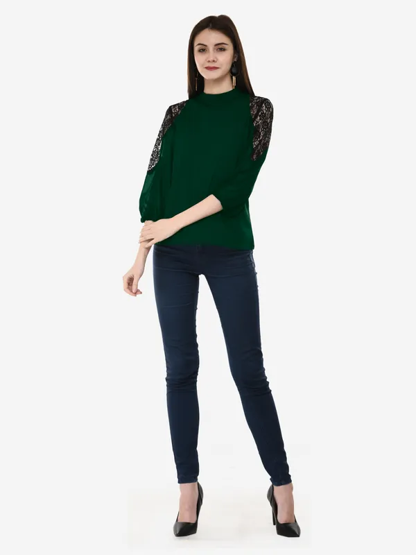 Green_Solid_Lace_Patch_Work_High_Neck_3/4_Sleeves_Smart_Casual_Top_For_Women