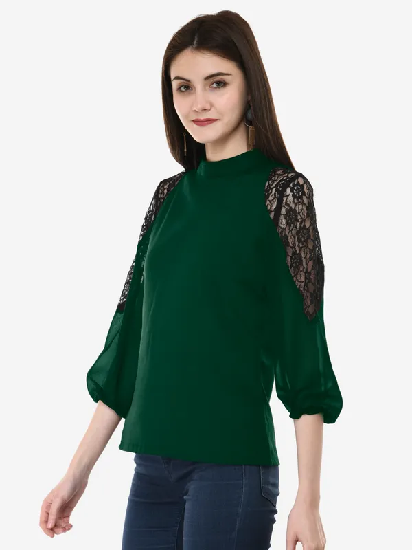 Green_Solid_Lace_Patch_Work_High_Neck_3/4_Sleeves_Smart_Casual_Top_For_Women