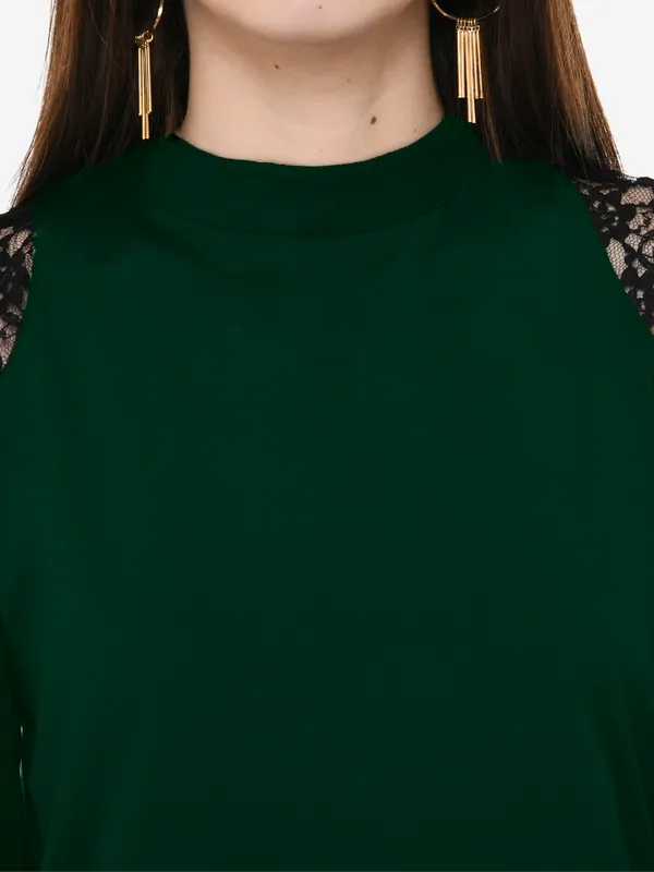 Green_Solid_Lace_Patch_Work_High_Neck_3/4_Sleeves_Smart_Casual_Top_For_Women