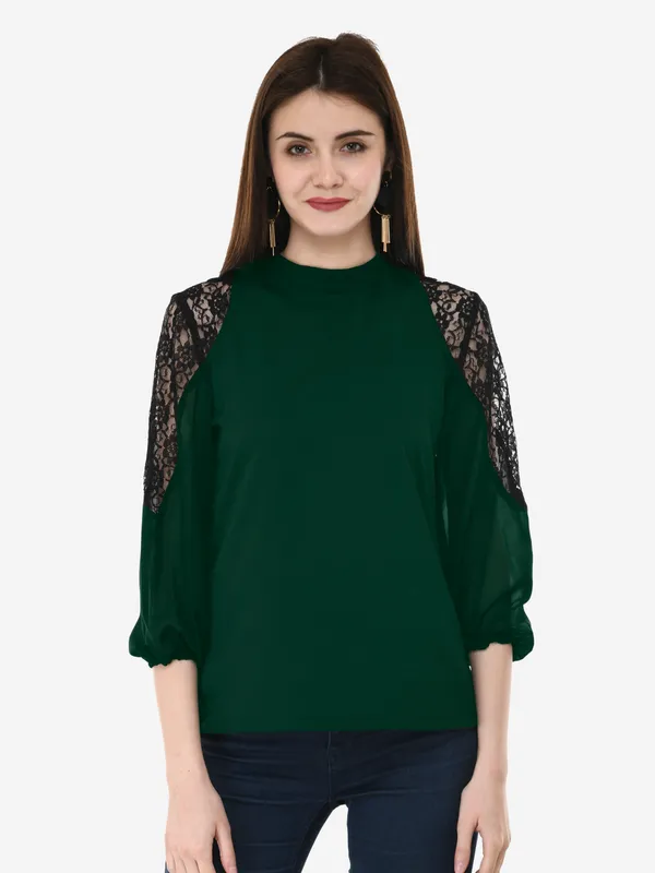 Green_Solid_Lace_Patch_Work_High_Neck_3/4_Sleeves_Smart_Casual_Top_For_Women
