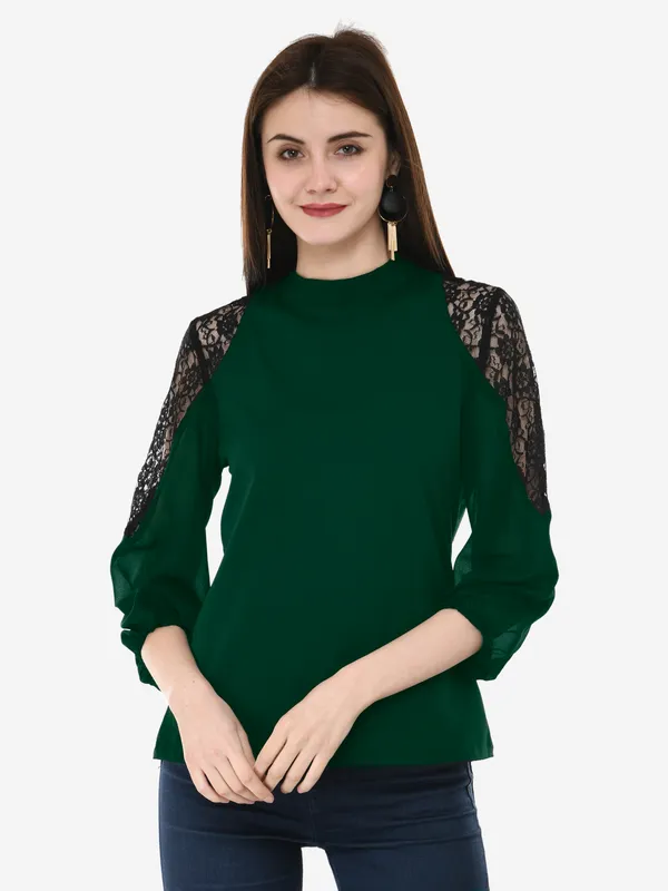 Green_Solid_Lace_Patch_Work_High_Neck_3/4_Sleeves_Smart_Casual_Top_For_Women