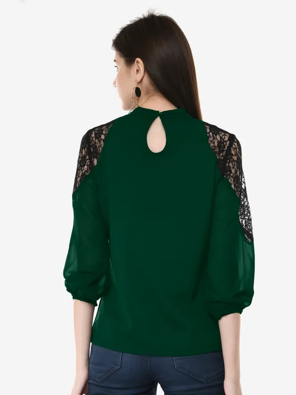 Green_Solid_Lace_Patch_Work_High_Neck_3/4_Sleeves_Smart_Casual_Top_For_Women